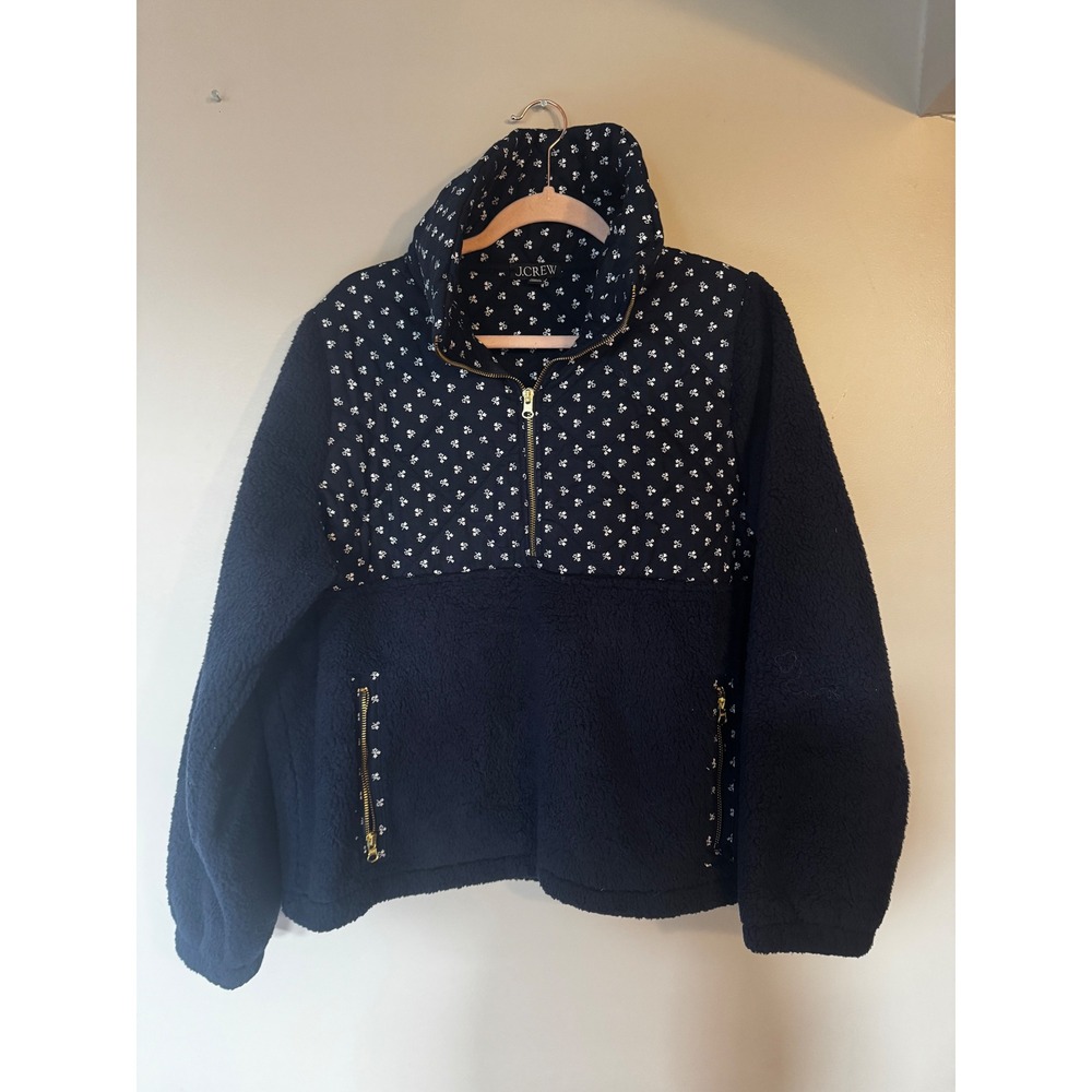 J.Crew Womens Navy Sherpa Fleece Half Zip Pullover Quilted Floral Jacket Large